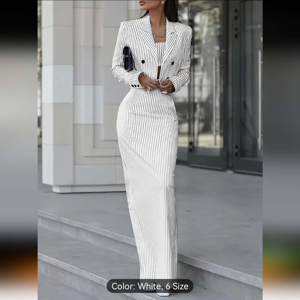 Women's White Striped Blazer Suit Jacket
